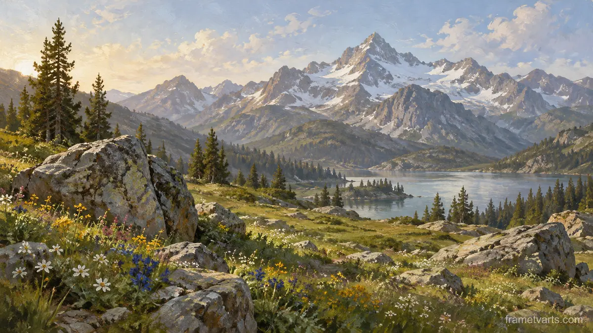 Alpine meadow with scattered boulders – tonal oil painting Samsung Frame TV art, 4K