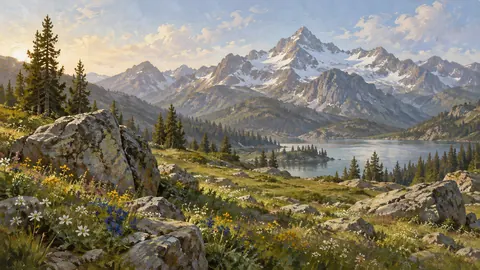 Alpine meadow with scattered boulders – tonal oil painting Frame TV art
