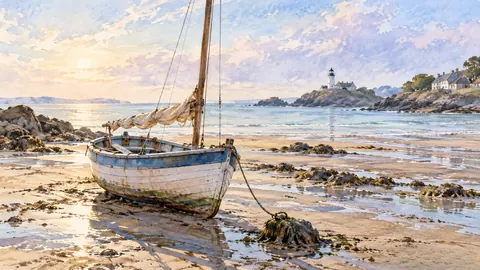 Sailing dinghy resting on tidal sand – coastal watercolor Frame TV art