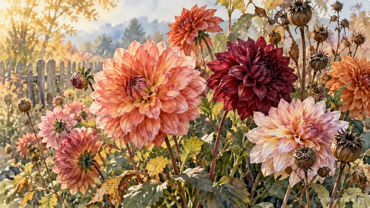 Dahlias and seed heads in autumn garden – botanical watercolor Samsung Frame TV art, 4K