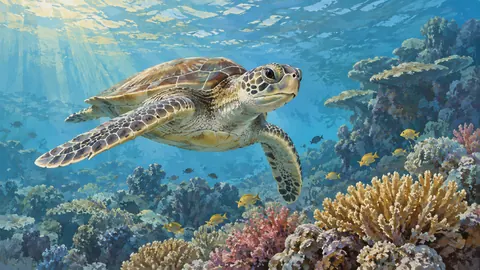 Sea turtle gliding above coral – naturalist gouache Frame TV art