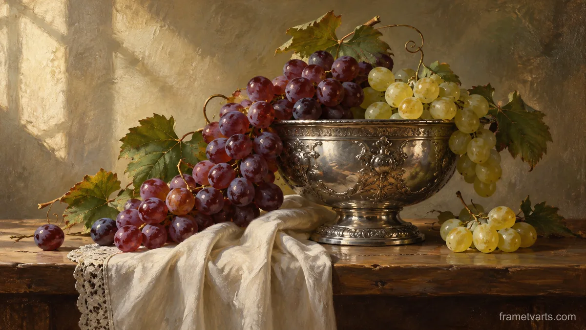 Grapes beside an antique silver bowl – classical oil still life Samsung Frame TV art, 4K