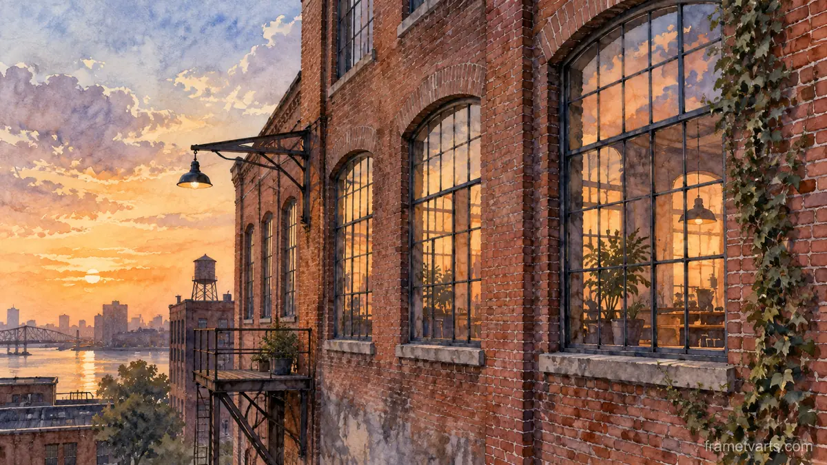 Brick warehouse windows in evening light – architectural watercolor Samsung Frame TV art, 4K