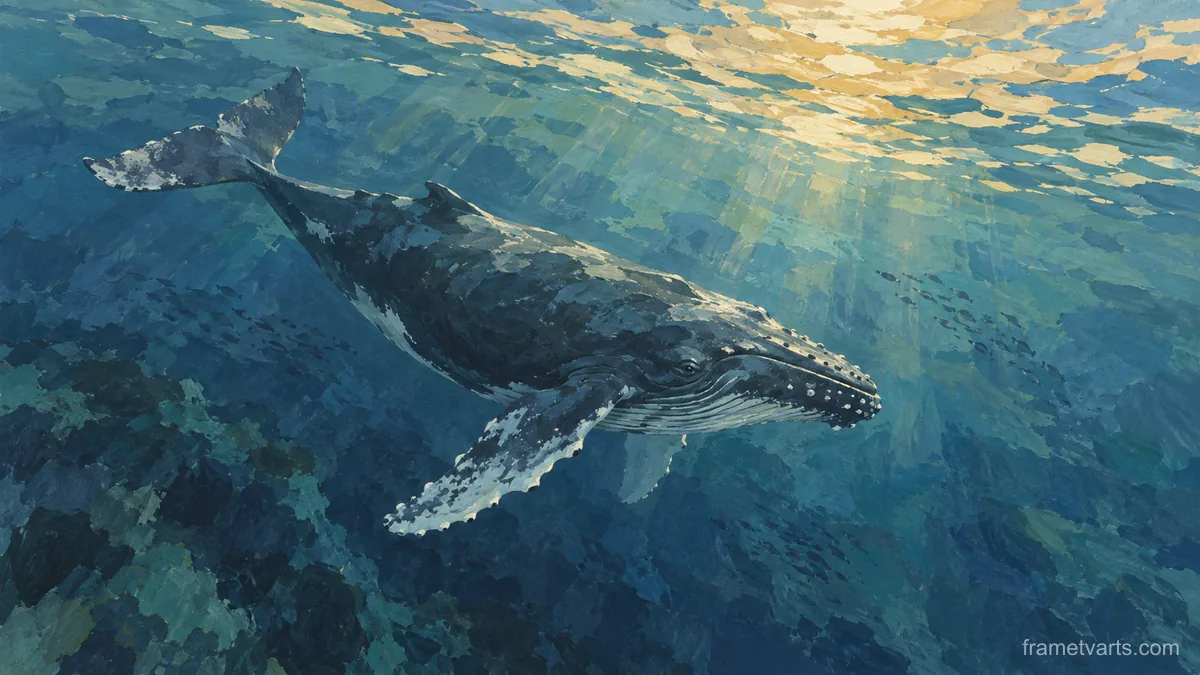 Humpback whale beneath a luminous sea surface – naturalist gouache Samsung Frame TV art, 4K