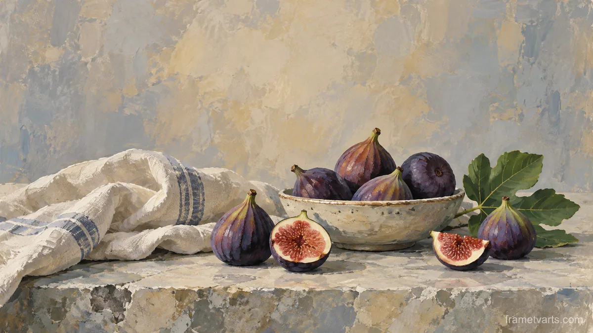 Figs and a linen napkin on a stone table – modern gouache still life Samsung Frame TV art, 4K