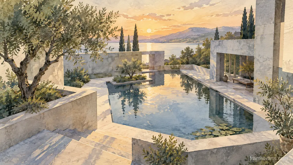 Modern concrete courtyard with reflecting pool – architectural watercolor Samsung Frame TV art, 4K