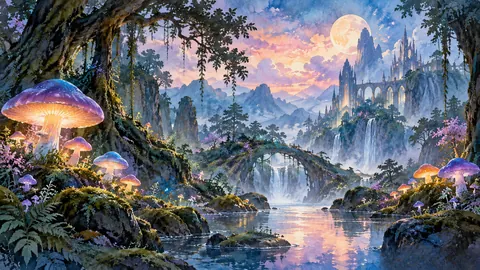 Enchanted forest with luminous mushrooms – dreamlike watercolor Frame TV art