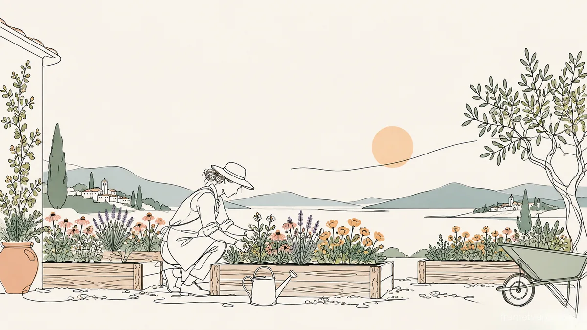 Gardener tending raised flower beds – minimal continuous-line illustration Samsung Frame TV art, 4K