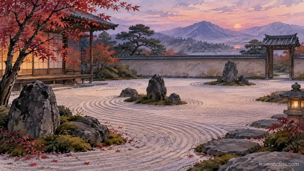 Quiet zen rock garden with carefully raked sand – subtle watercolor Samsung Frame TV art, 4K
