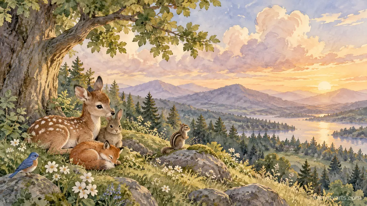 Gentle woodland animals beneath clouds for a nursery – delicate watercolor keepsake composition Samsung Frame TV art, 4K