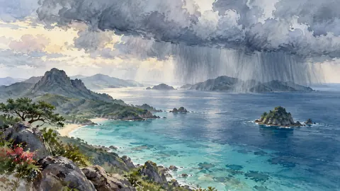 Rain clouds crossing an island bay – coastal watercolor Frame TV art