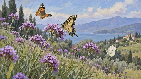 Butterflies around wild verbena – naturalist gouache Frame TV art