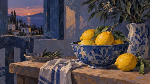Lemons in a blue ceramic bowl – modern gouache still life Frame TV art