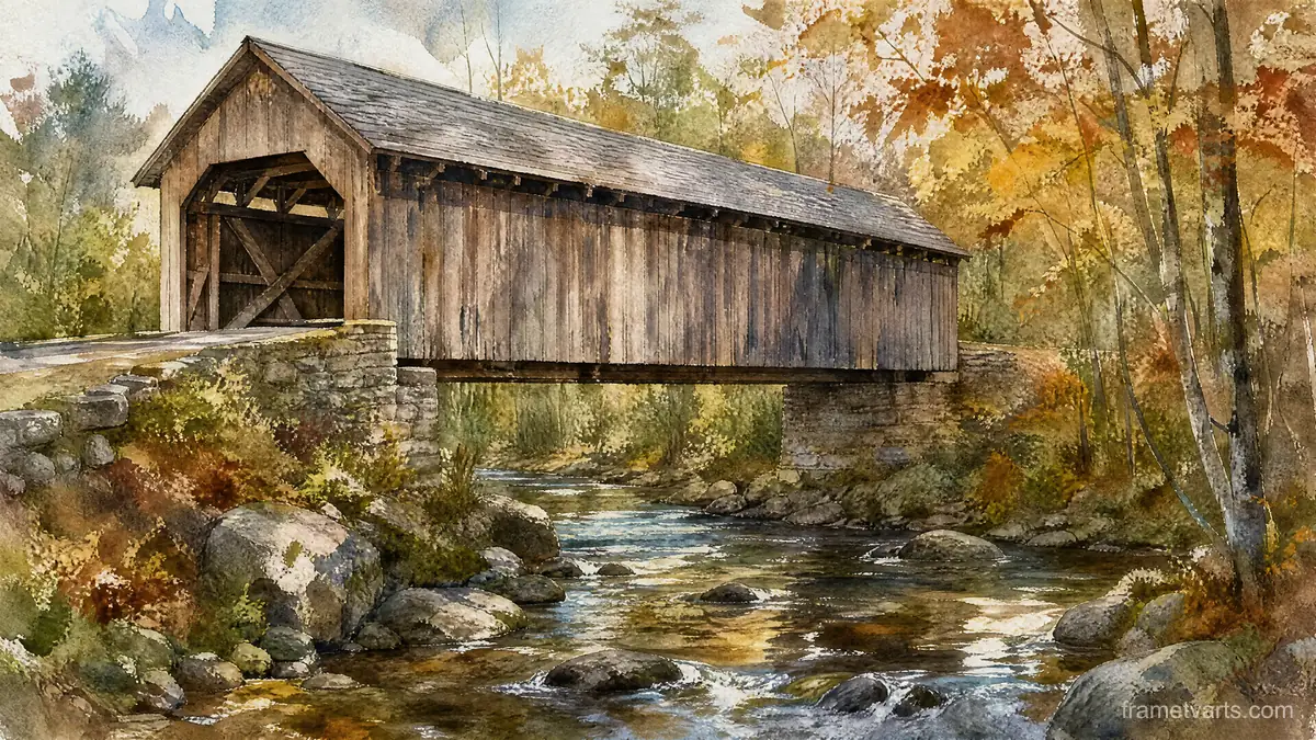 Covered wooden bridge over woodland stream – architectural watercolor Samsung Frame TV art, 4K
