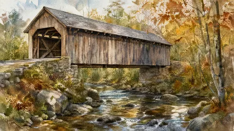 Covered wooden bridge over woodland stream – architectural watercolor Frame TV art