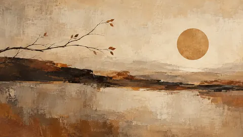 Minimal branching lines with small solid forms – earth-tone textured abstraction Frame TV art