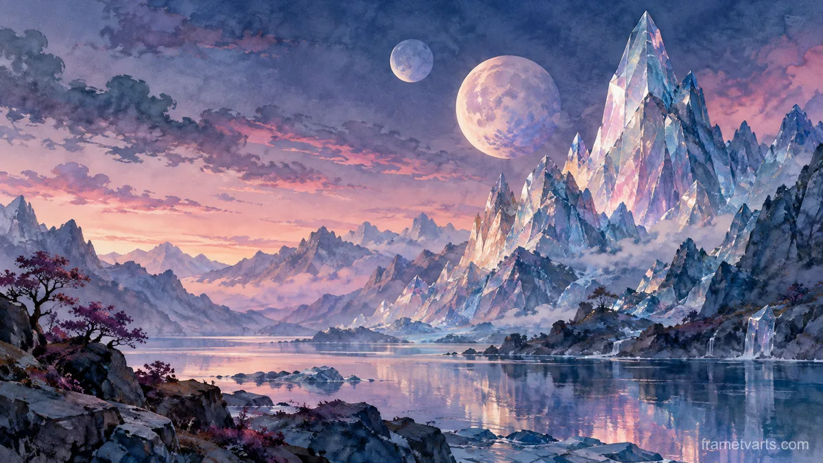 Glasslike mountain peaks below twin moons – dreamlike watercolor Samsung Frame TV art, 4K