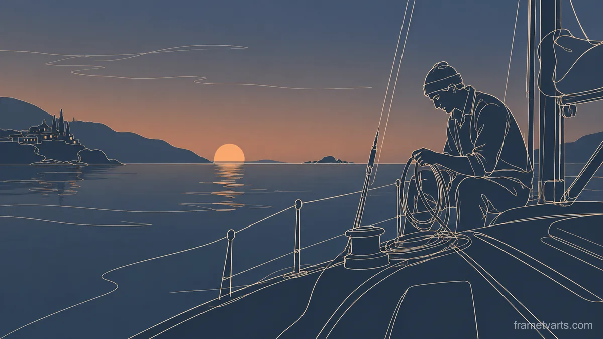 Sailor preparing ropes on a quiet boat – minimal continuous-line illustration Samsung Frame TV art, 4K