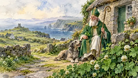 St Patrick shamrocks beside a rustic stone cottage – elegant watercolor Frame TV art