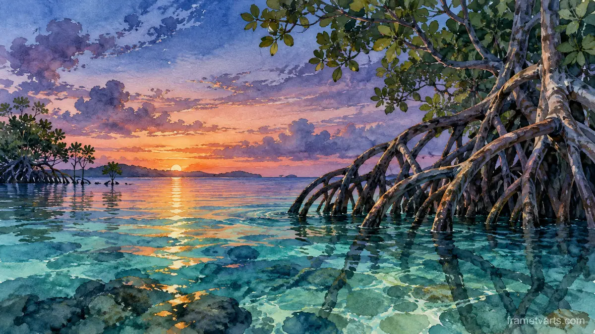 Mangrove roots above luminous water – coastal watercolor Samsung Frame TV art, 4K
