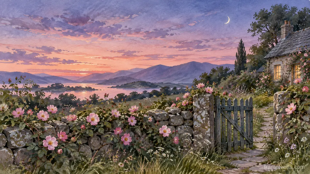 Wild roses around a cottage gate – botanical watercolor Samsung Frame TV art, 4K