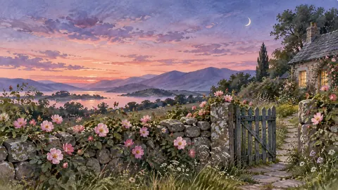 Wild roses around a cottage gate – botanical watercolor Frame TV art