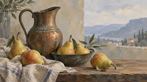 Pears beside a weathered copper jug – modern gouache still life Frame TV art
