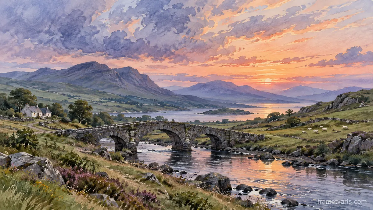Irish green hills and an old stone bridge – elegant watercolor Samsung Frame TV art, 4K