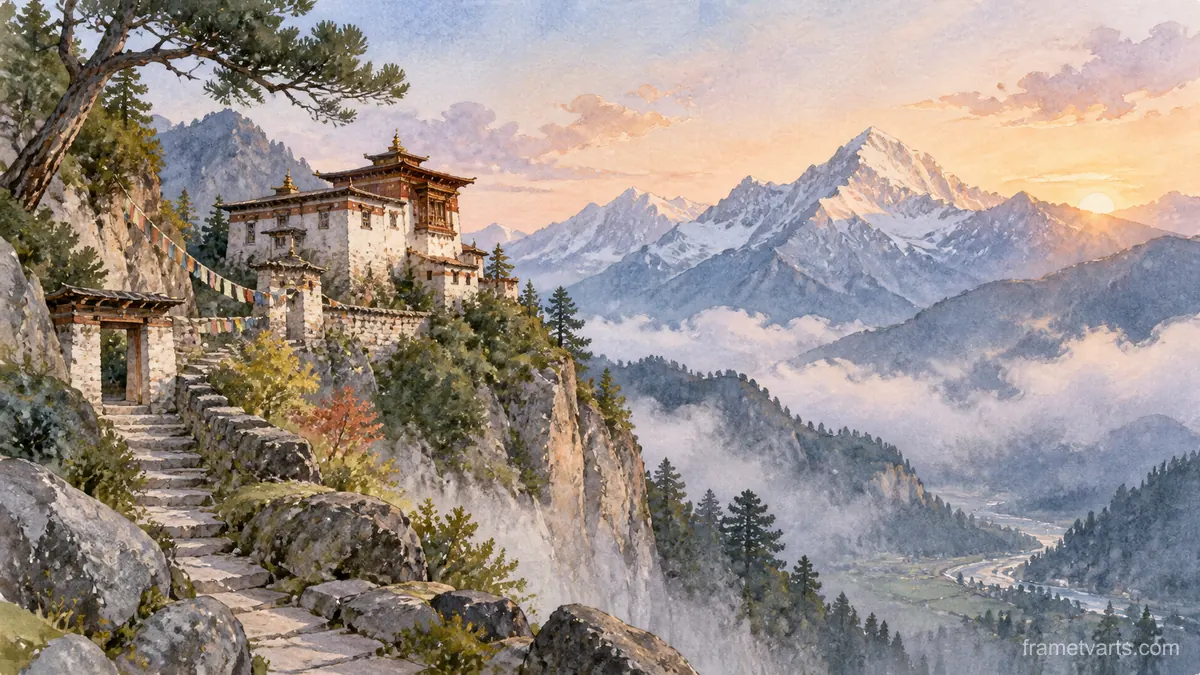 Mountain monastery at dawn – subtle watercolor Samsung Frame TV art, 4K
