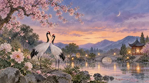 Two graceful cranes in a wedding garden – delicate watercolor keepsake composition Frame TV art