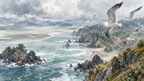 Seabirds above a sweeping coastal inlet – coastal watercolor Frame TV art