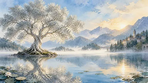 Silver tree growing from a still lake – dreamlike watercolor Frame TV art