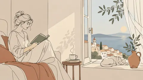 Reader beside an open window – minimal continuous-line illustration Frame TV art