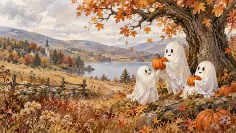 Halloween friendly ghosts in an autumn meadow – elegant watercolor Frame TV art