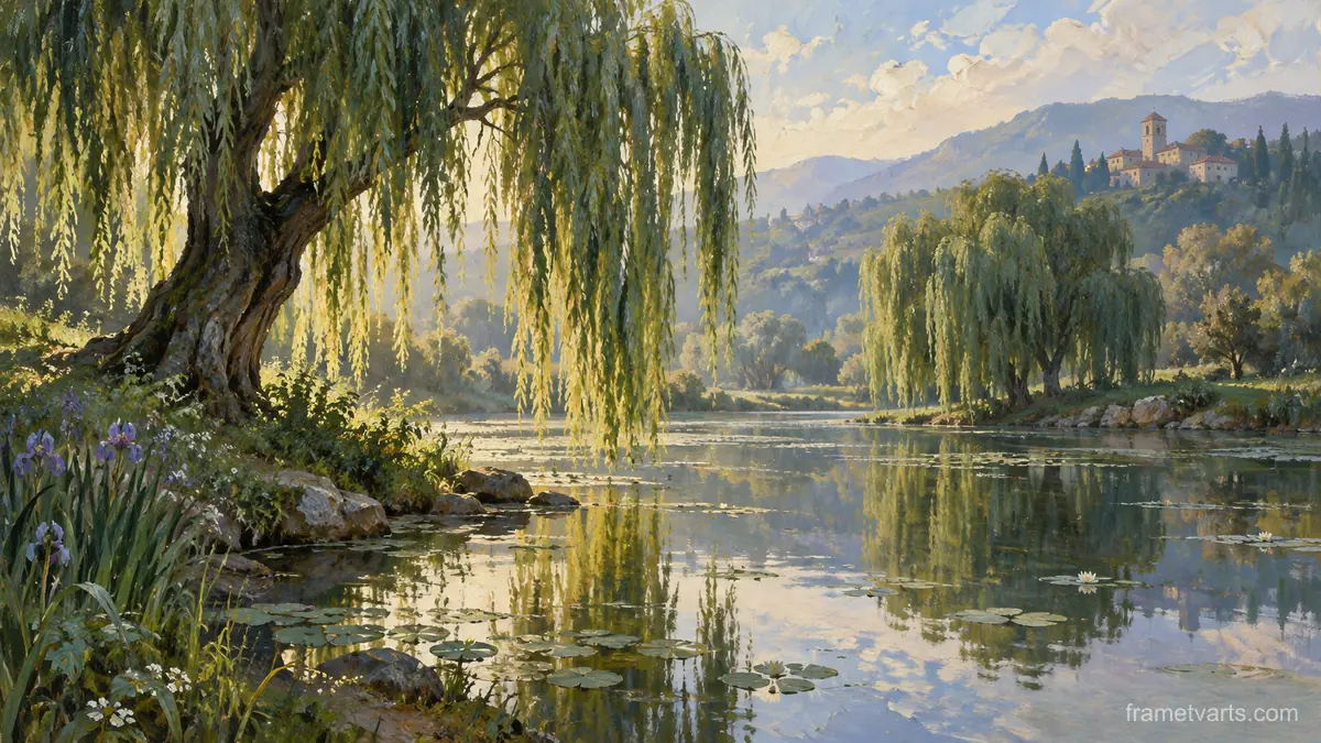 Willow trees reflected in a still pond – tonal oil painting Samsung Frame TV art, 4K