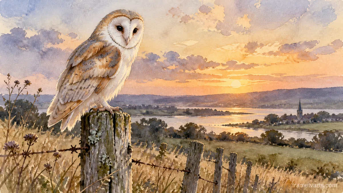 Barn owl on a weathered fence post – loose watercolor Samsung Frame TV art, 4K