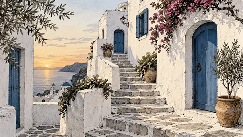 Whitewashed island steps with blue doors – architectural ink drawing Frame TV art
