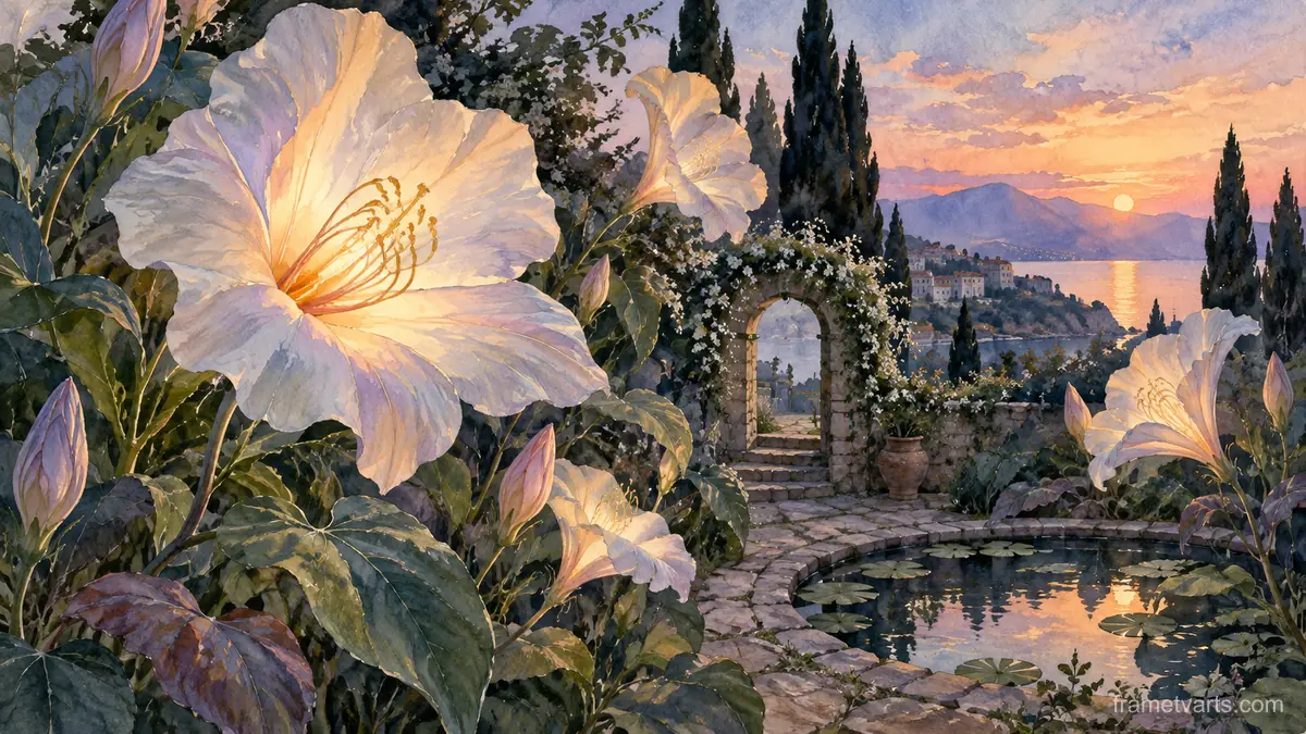 Garden of oversized delicate night flowers – dreamlike watercolor Samsung Frame TV art, 4K
