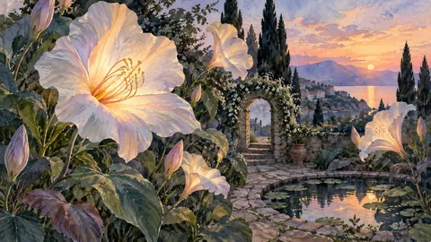 Garden of oversized delicate night flowers – dreamlike watercolor Frame TV art