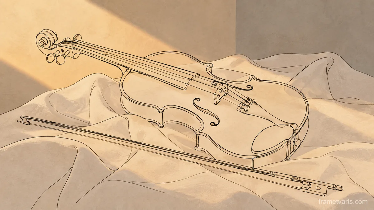 Violin and bow on folded linen – minimal continuous-line illustration Samsung Frame TV art, 4K
