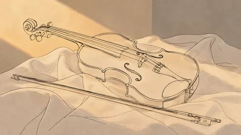 Violin and bow on folded linen – minimal continuous-line illustration Frame TV art