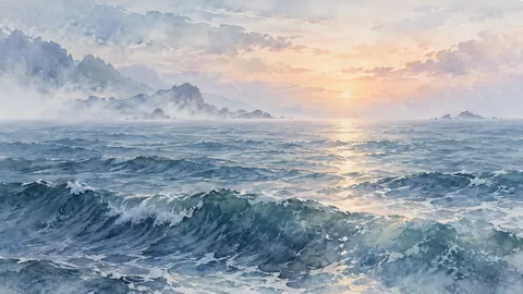 Open sea and distant horizon in soft mist – subtle watercolor Frame TV art
