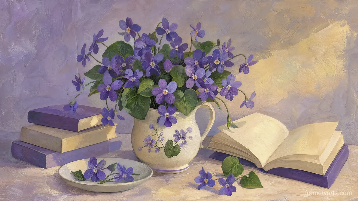 Birth-flower-inspired bouquet of violets – decorative gouache keepsake composition Samsung Frame TV art, 4K