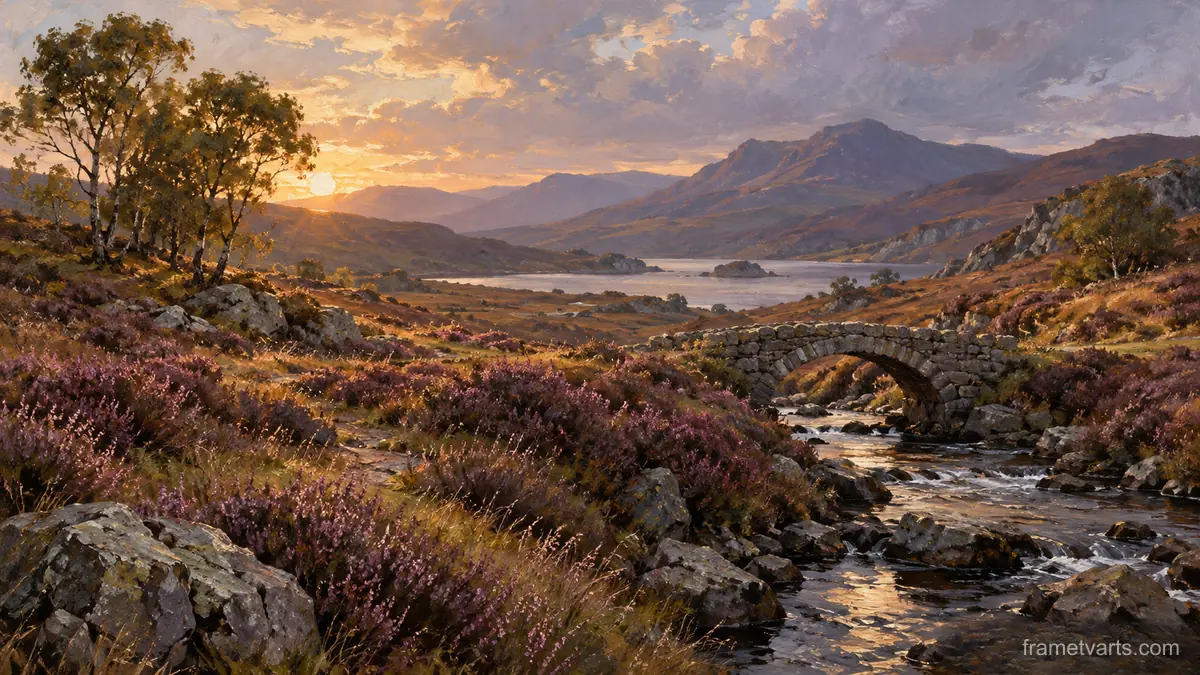 Heather moor and small stone footbridge – tonal oil painting Samsung Frame TV art, 4K