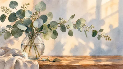 Eucalyptus sprays in a simple glass vessel – botanical watercolor Frame TV art