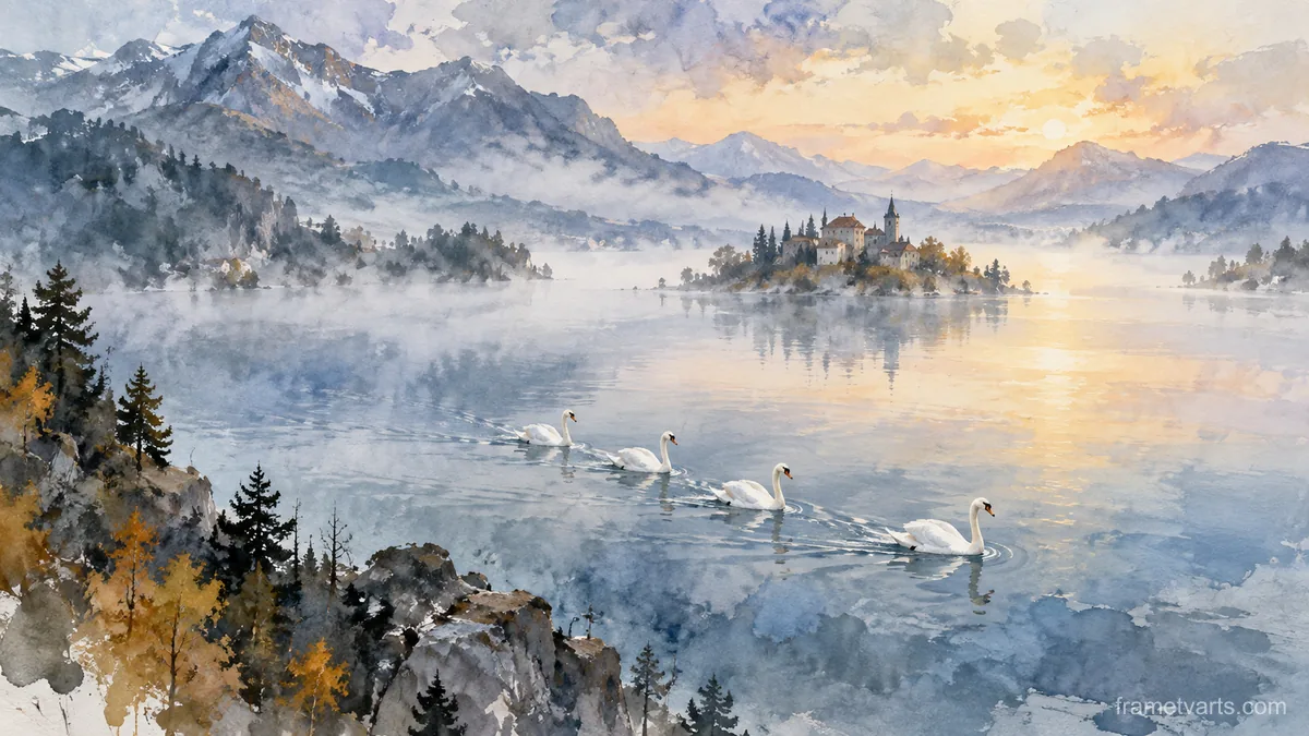 White swans crossing a misty lake – loose watercolor Samsung Frame TV art, 4K