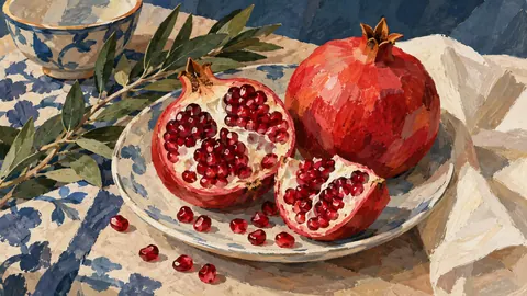Pomegranate split beside whole fruit – modern gouache still life Frame TV art