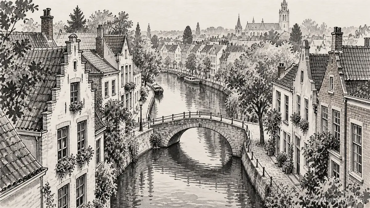 Canal houses beside a narrow stone bridge – architectural ink drawing Samsung Frame TV art, 4K