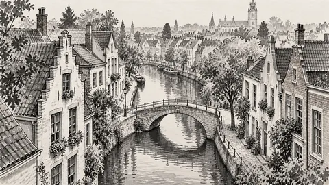 Canal houses beside a narrow stone bridge – architectural ink drawing Frame TV art