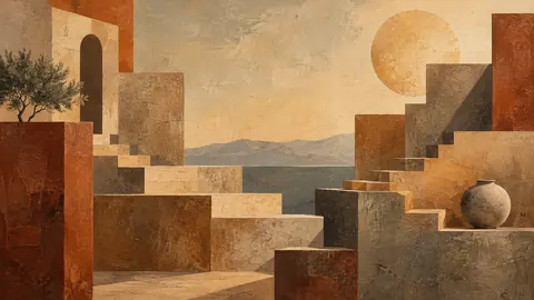 Terraced stepped forms with recessed shadows – earth-tone textured abstraction Frame TV art
